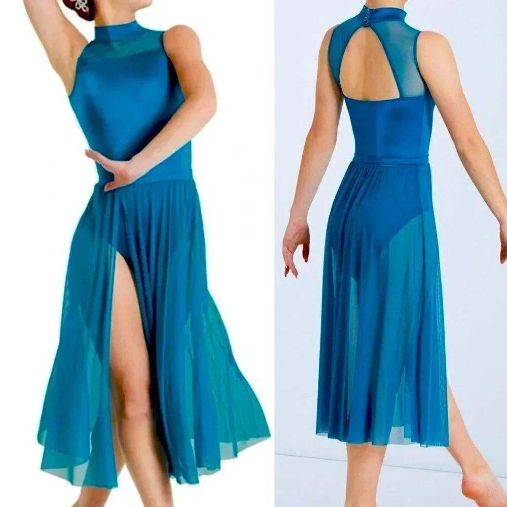 Weissman Dance Costume mesh maxi dress teal blue Lakehouse 12181 IC 7/8